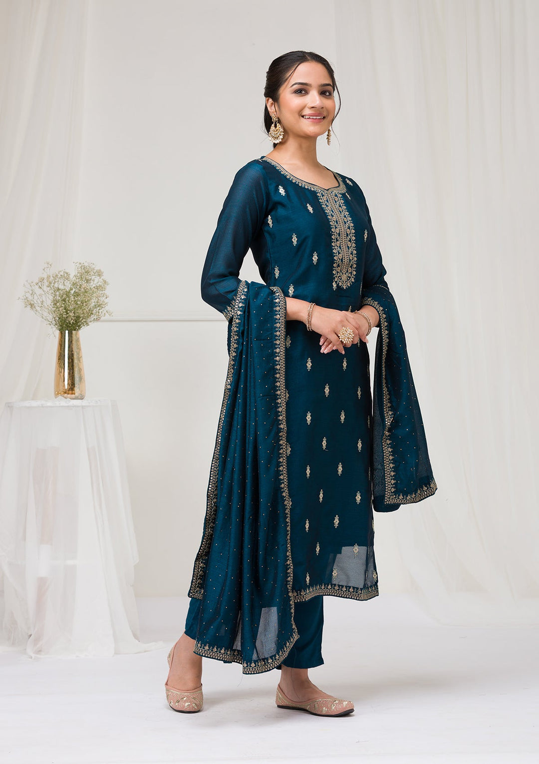 Peacock Blue Sequins Raw Silk Readymade Salwar Suit-Koskii