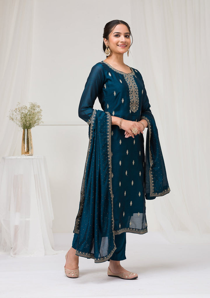 Peacock Blue Sequins Raw Silk Readymade Salwar Suit-Koskii