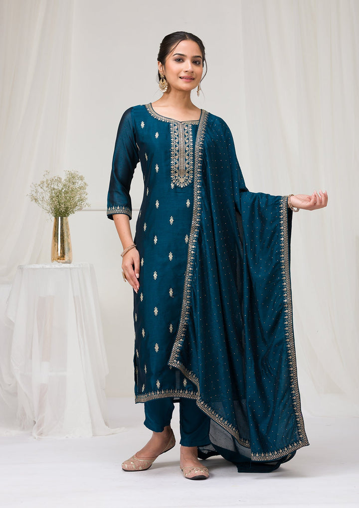 Peacock Blue Sequins Raw Silk Readymade Salwar Suit-Koskii