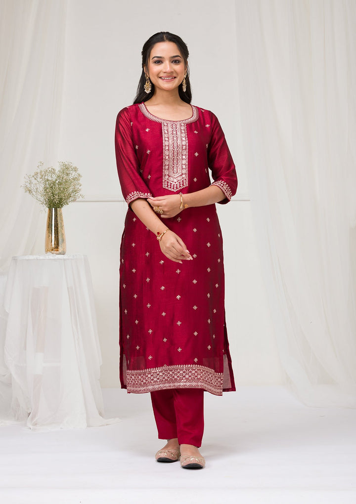 Maroon Sequins Raw Silk Readymade Salwar Suit-Koskii