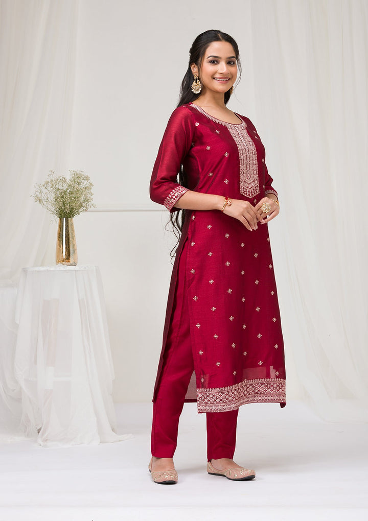 Maroon Sequins Raw Silk Readymade Salwar Suit-Koskii