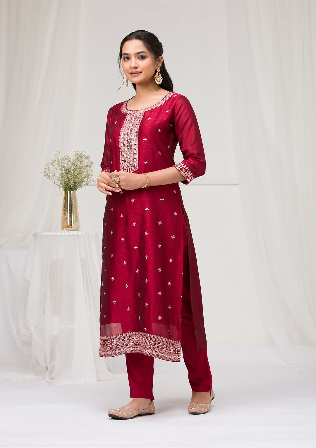 Maroon Sequins Raw Silk Readymade Salwar Suit-Koskii