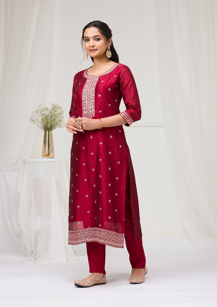 Maroon Sequins Raw Silk Readymade Salwar Suit-Koskii