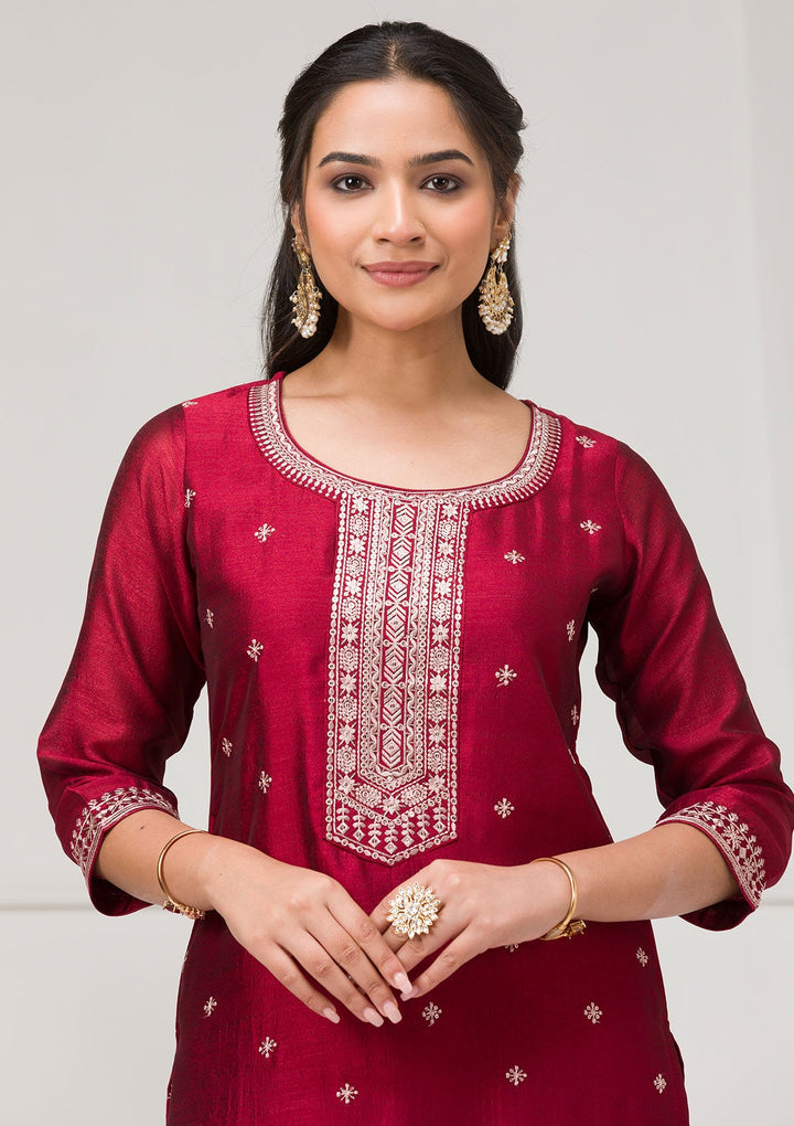Maroon Sequins Raw Silk Readymade Salwar Suit-Koskii