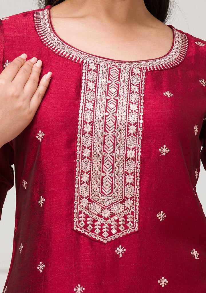 Maroon Sequins Raw Silk Readymade Salwar Suit-Koskii