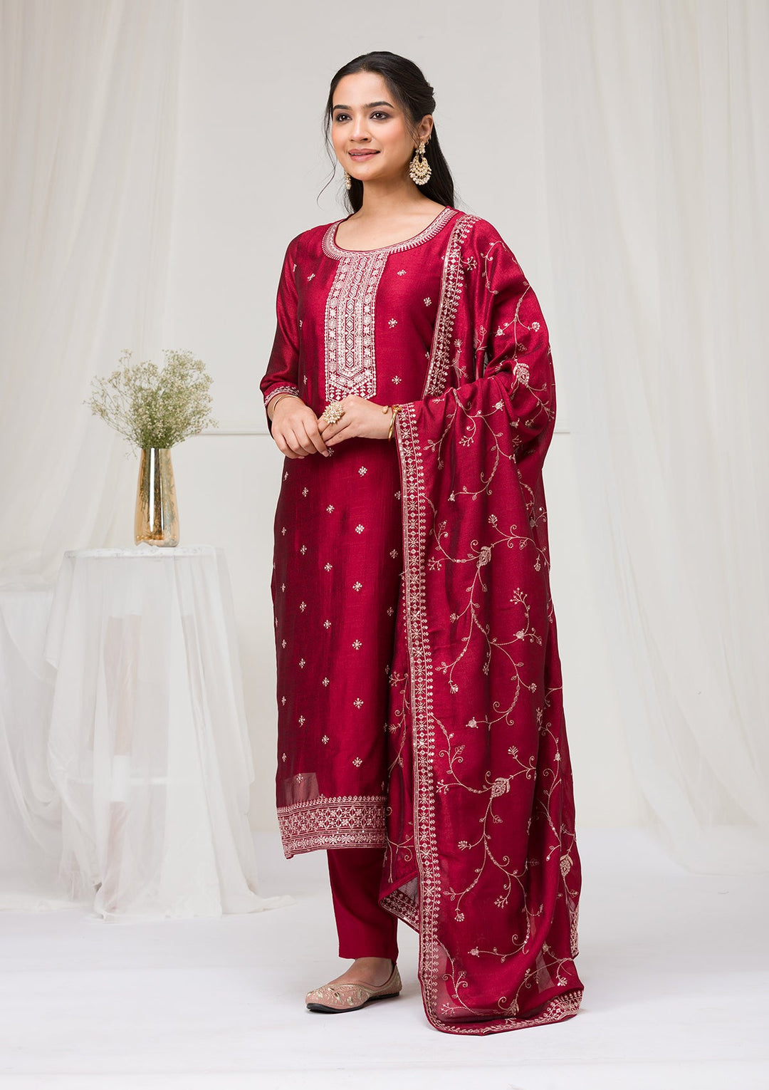 Maroon Sequins Raw Silk Readymade Salwar Suit-Koskii