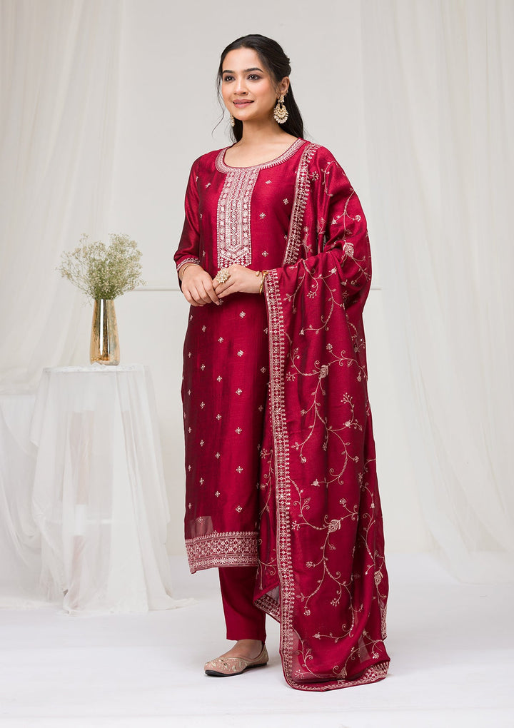 Maroon Sequins Raw Silk Readymade Salwar Suit-Koskii