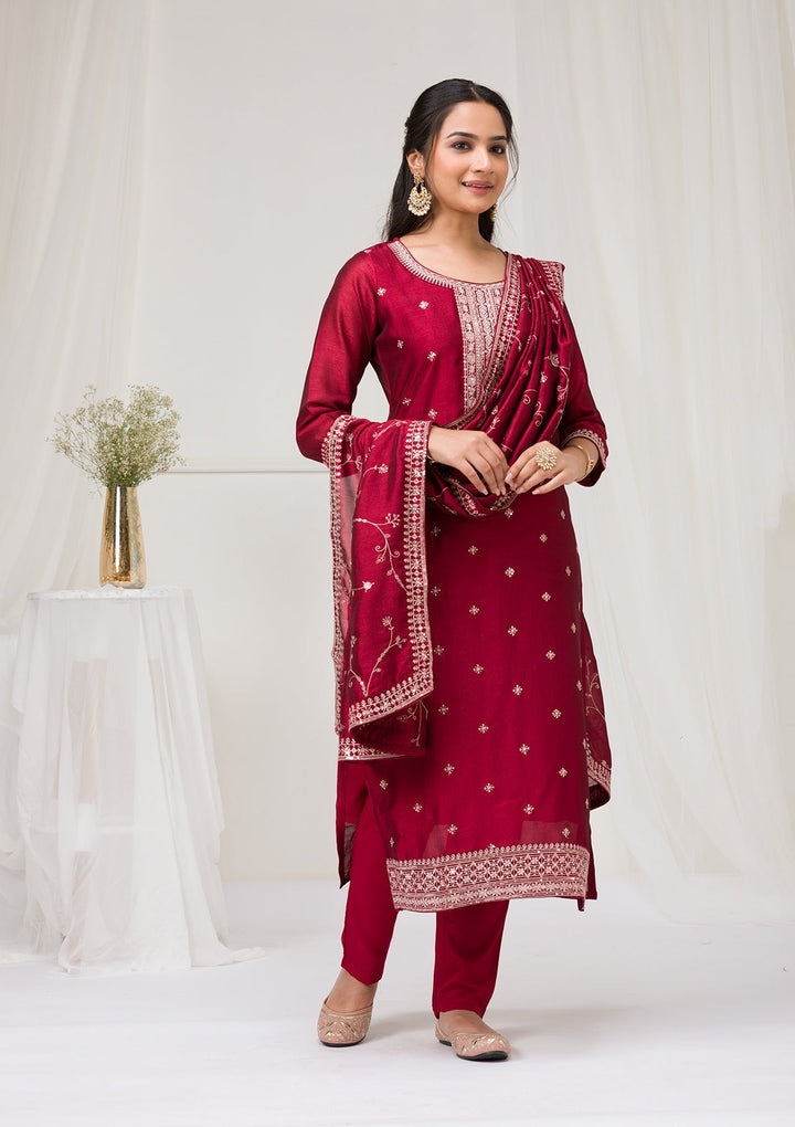 Maroon Sequins Raw Silk Readymade Salwar Suit-Koskii