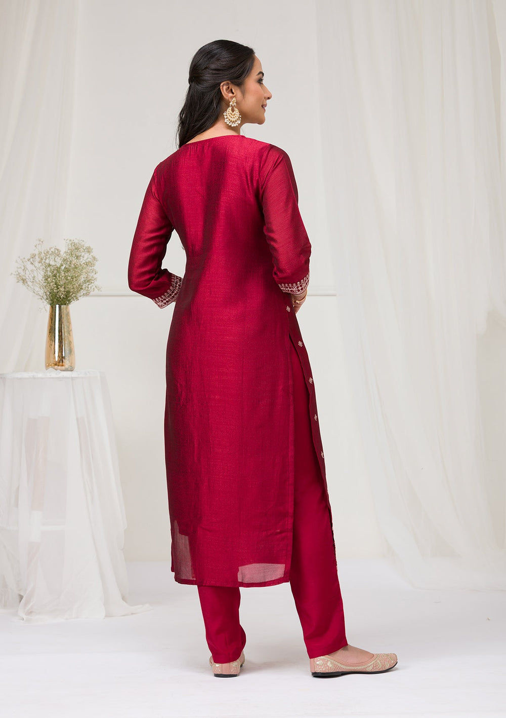 Maroon Sequins Raw Silk Readymade Salwar Suit-Koskii
