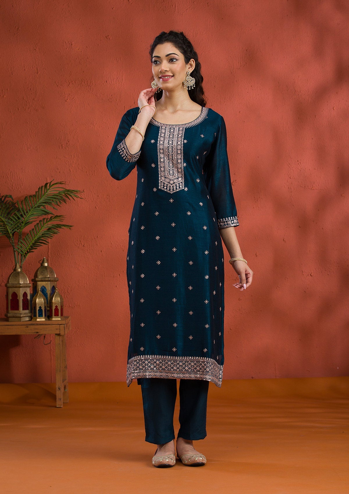 Peacock Blue Threadwork Raw Silk Readymade Salwar Suit-Koskii