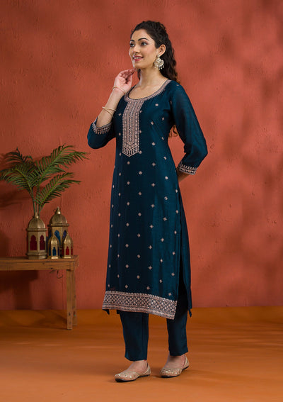 Peacock Blue Threadwork Raw Silk Readymade Salwar Suit-Koskii