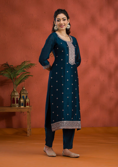 Peacock Blue Threadwork Raw Silk Readymade Salwar Suit-Koskii