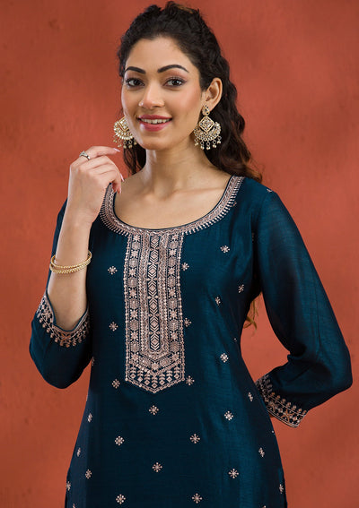 Peacock Blue Threadwork Raw Silk Readymade Salwar Suit-Koskii