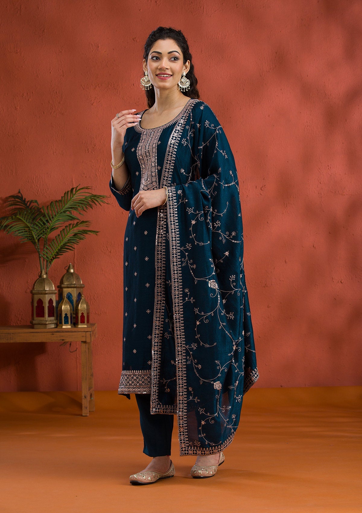 Peacock Blue Threadwork Raw Silk Readymade Salwar Suit-Koskii