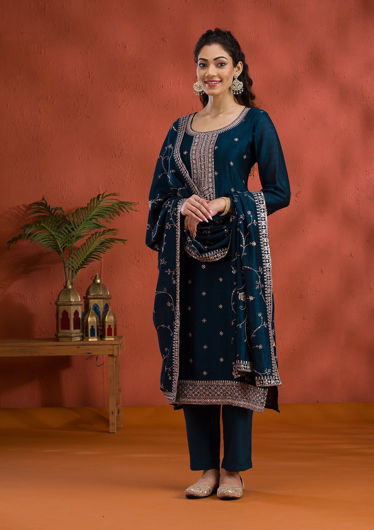 Peacock Blue Threadwork Raw Silk Readymade Salwar Suit-Koskii