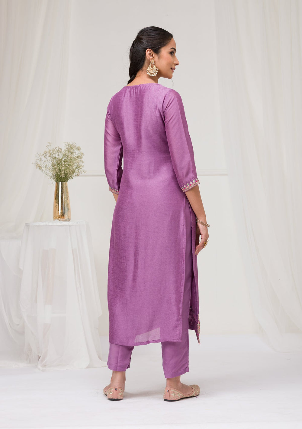 Lavender Threadwork Raw Silk Readymade Salwar Suit-Koskii