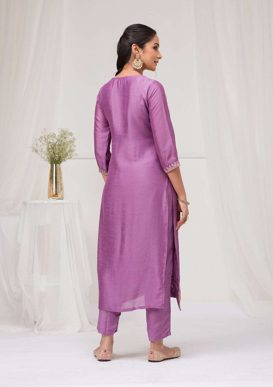 Lavender Threadwork Raw Silk Readymade Salwar Suit-Koskii