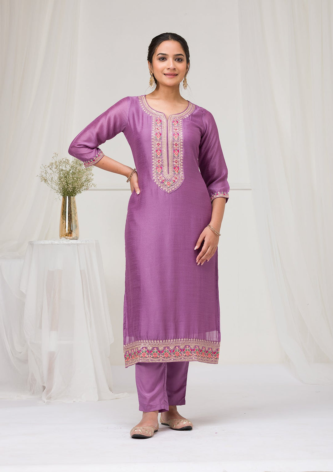 Lavender Threadwork Raw Silk Readymade Salwar Suit-Koskii