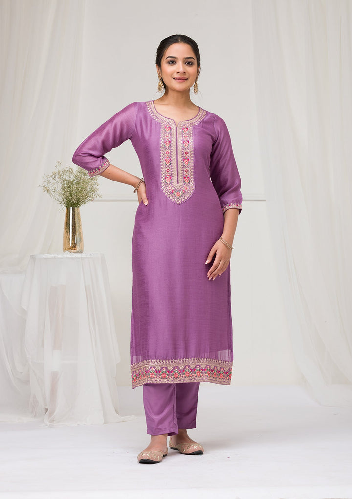 Lavender Threadwork Raw Silk Readymade Salwar Suit-Koskii