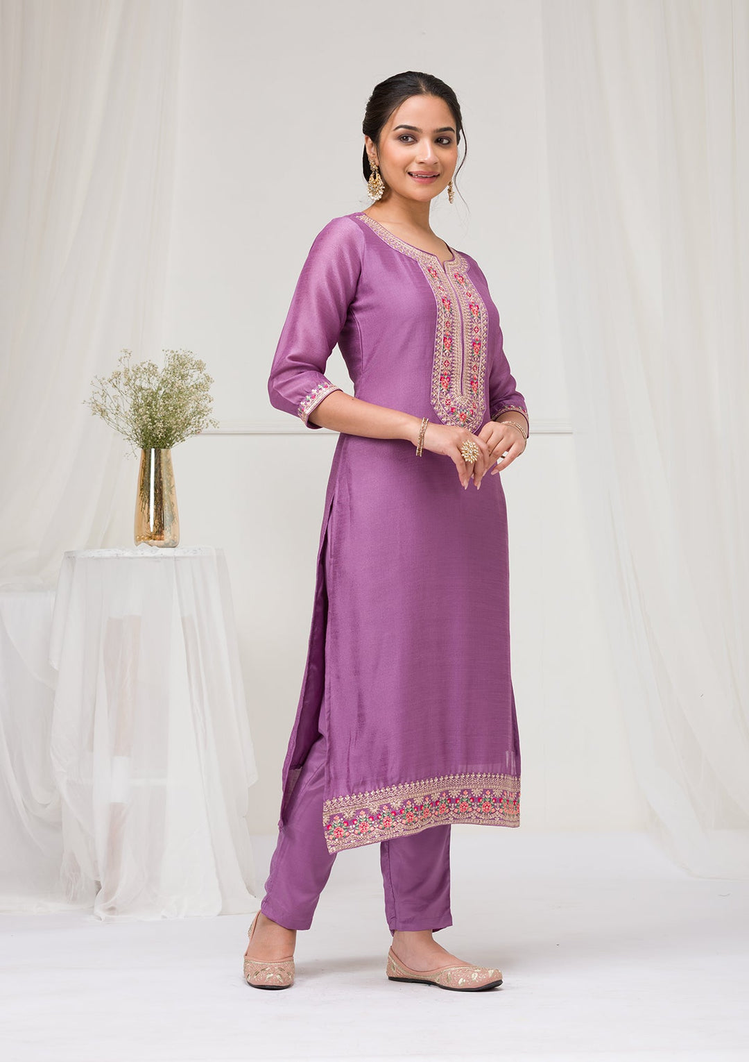 Lavender Threadwork Raw Silk Readymade Salwar Suit-Koskii