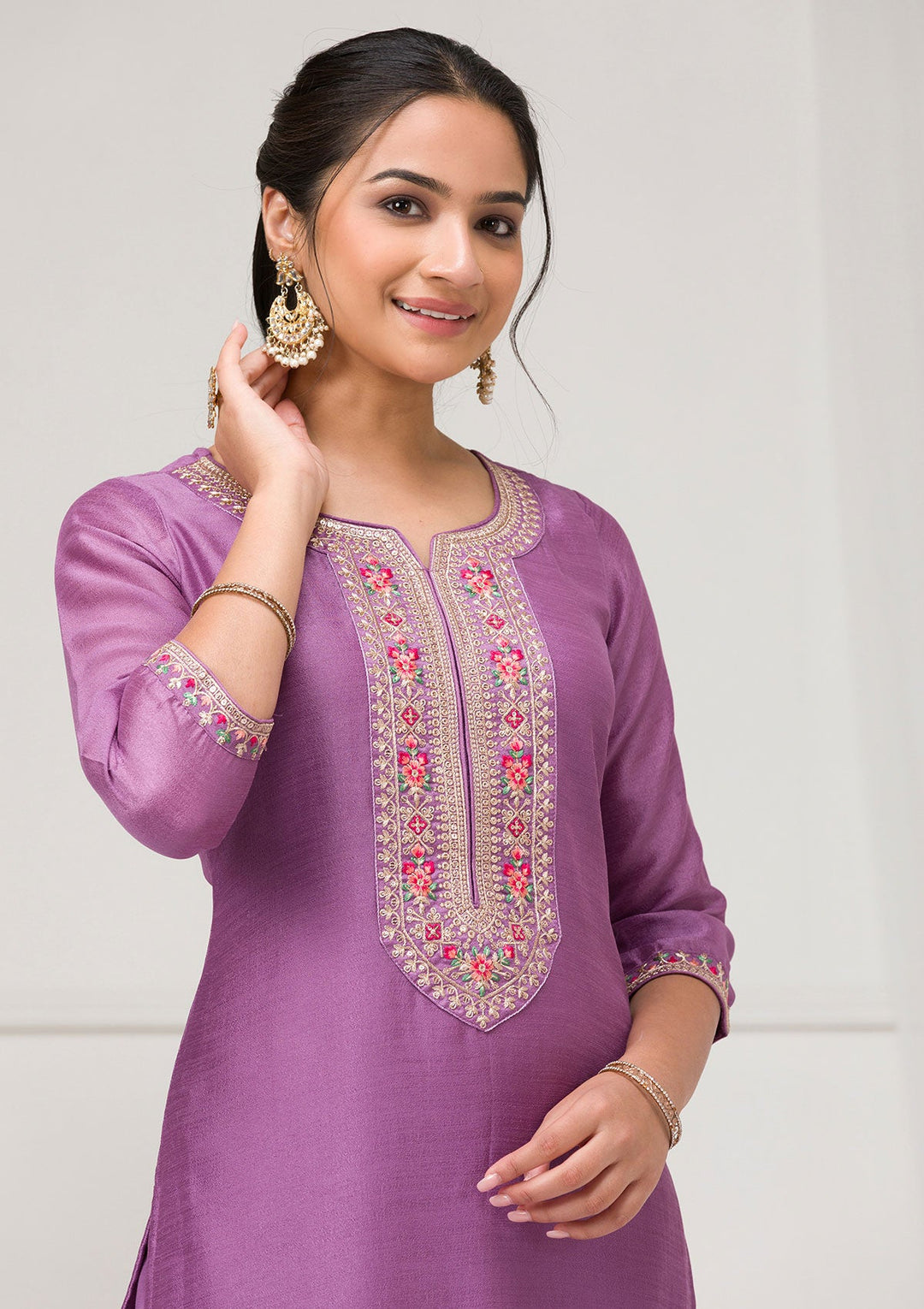 Lavender Threadwork Raw Silk Readymade Salwar Suit-Koskii