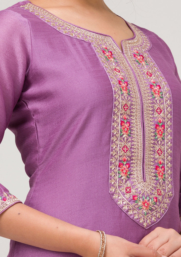 Lavender Threadwork Raw Silk Readymade Salwar Suit-Koskii