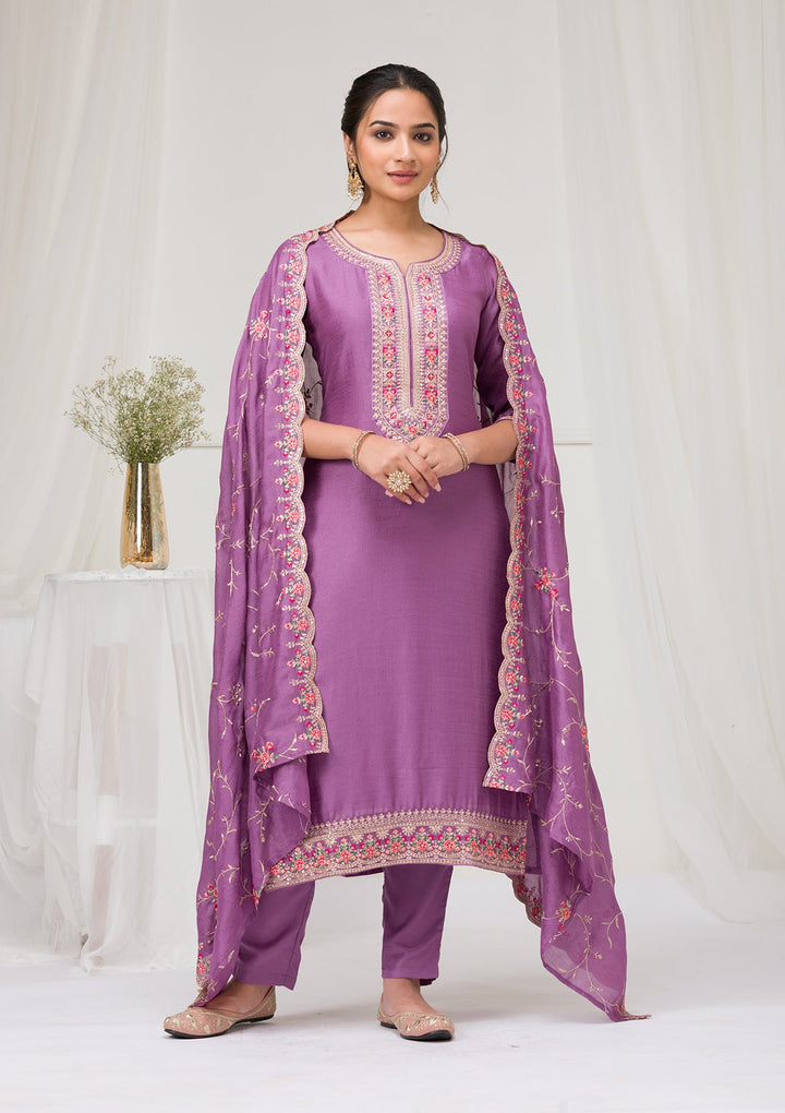 Lavender Threadwork Raw Silk Readymade Salwar Suit-Koskii