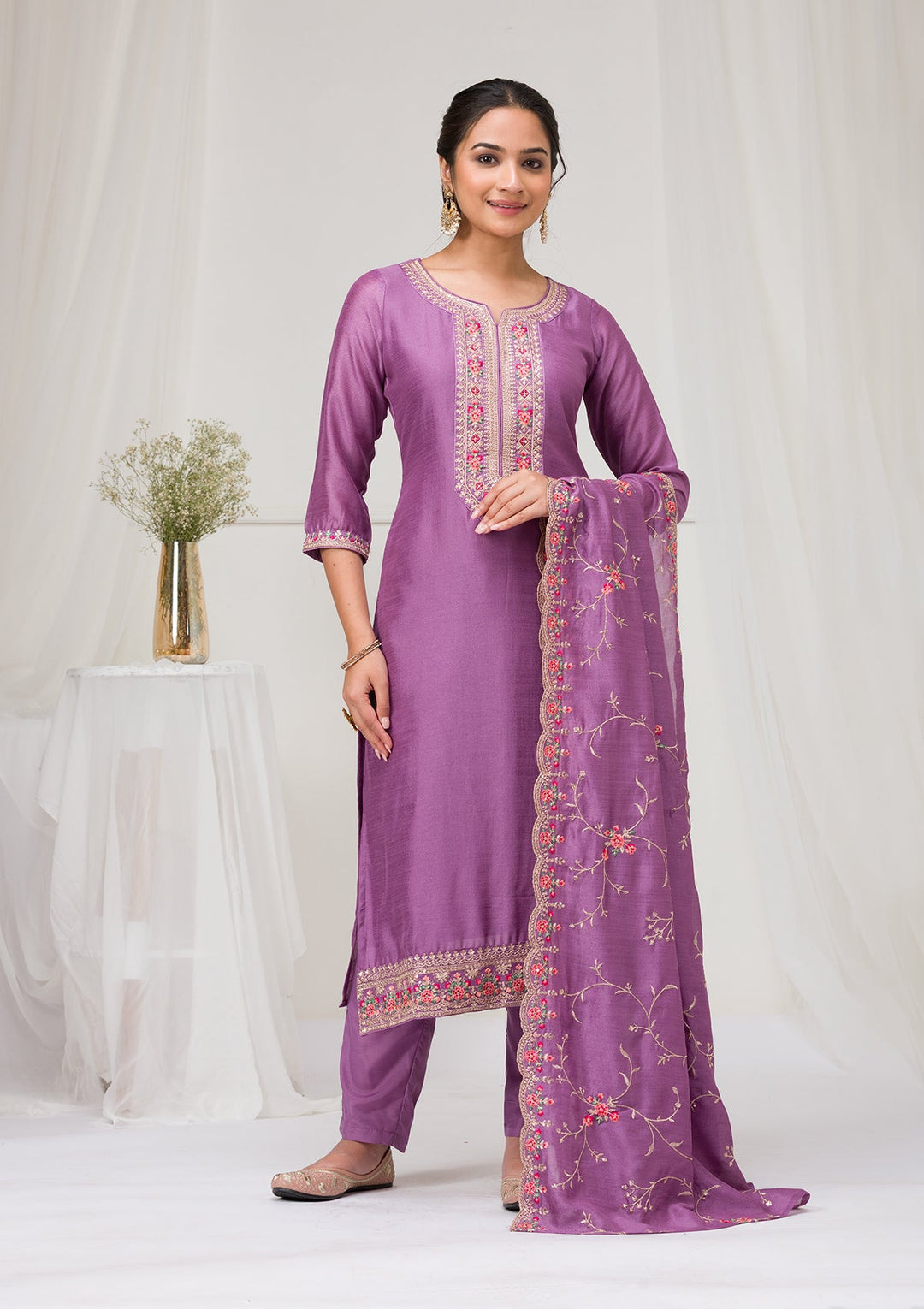Lavender Threadwork Raw Silk Readymade Salwar Suit-Koskii