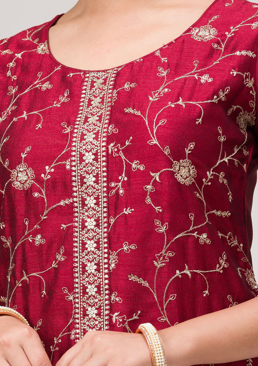 Maroon Threadwork Raw Silk Readymade Salwar Suit-Koskii
