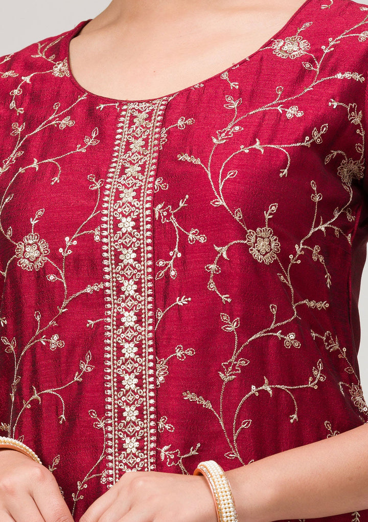 Maroon Threadwork Raw Silk Readymade Salwar Suit-Koskii