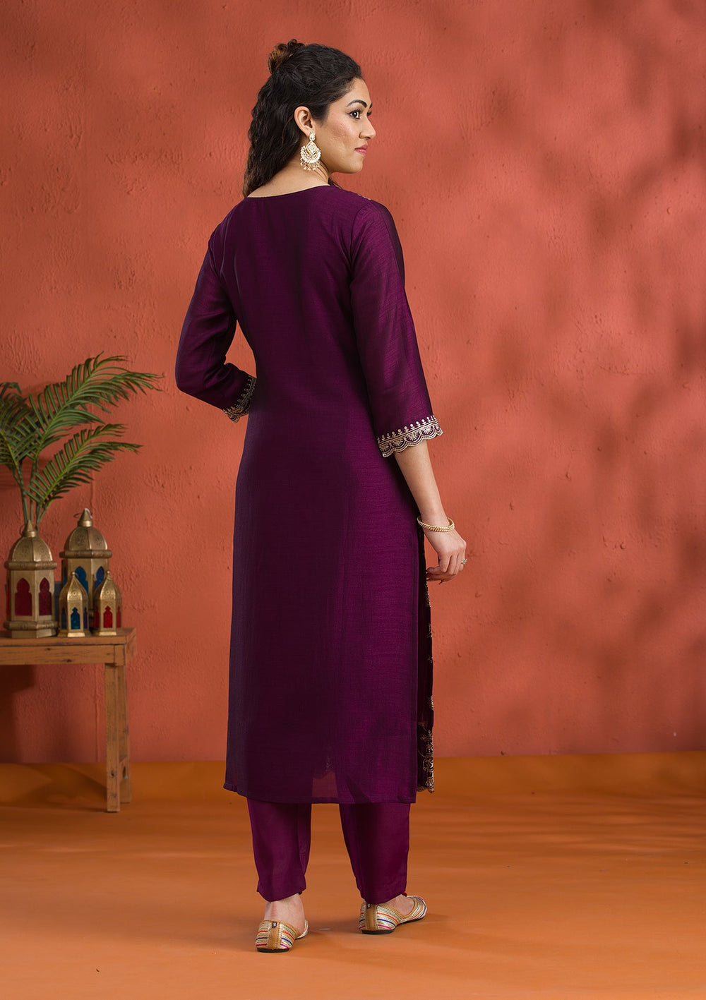 Purple Threadwork Raw Silk Readymade Salwar Suit-Koskii