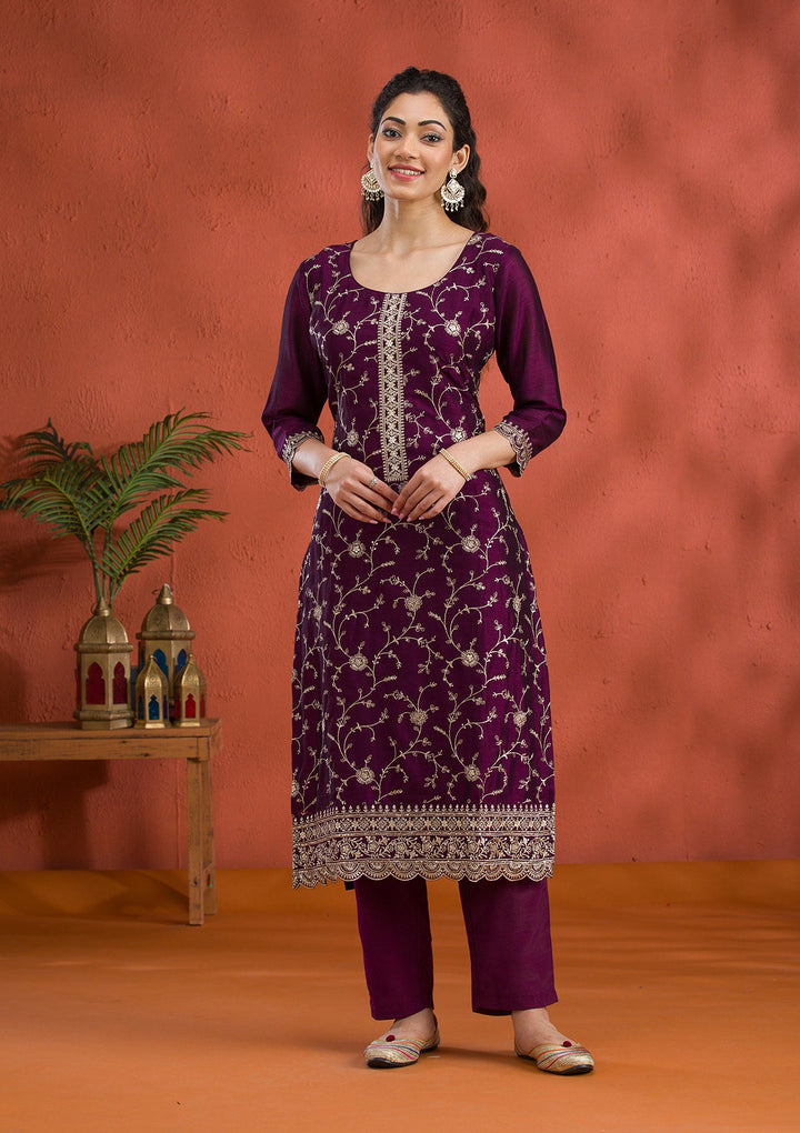 Purple Threadwork Raw Silk Readymade Salwar Suit-Koskii
