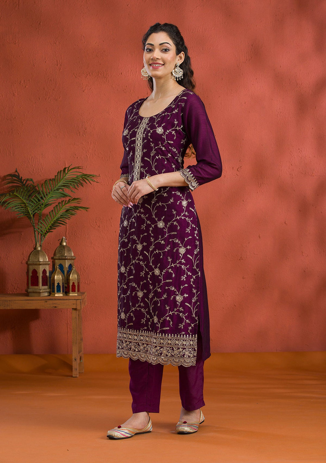 Purple Threadwork Raw Silk Readymade Salwar Suit-Koskii