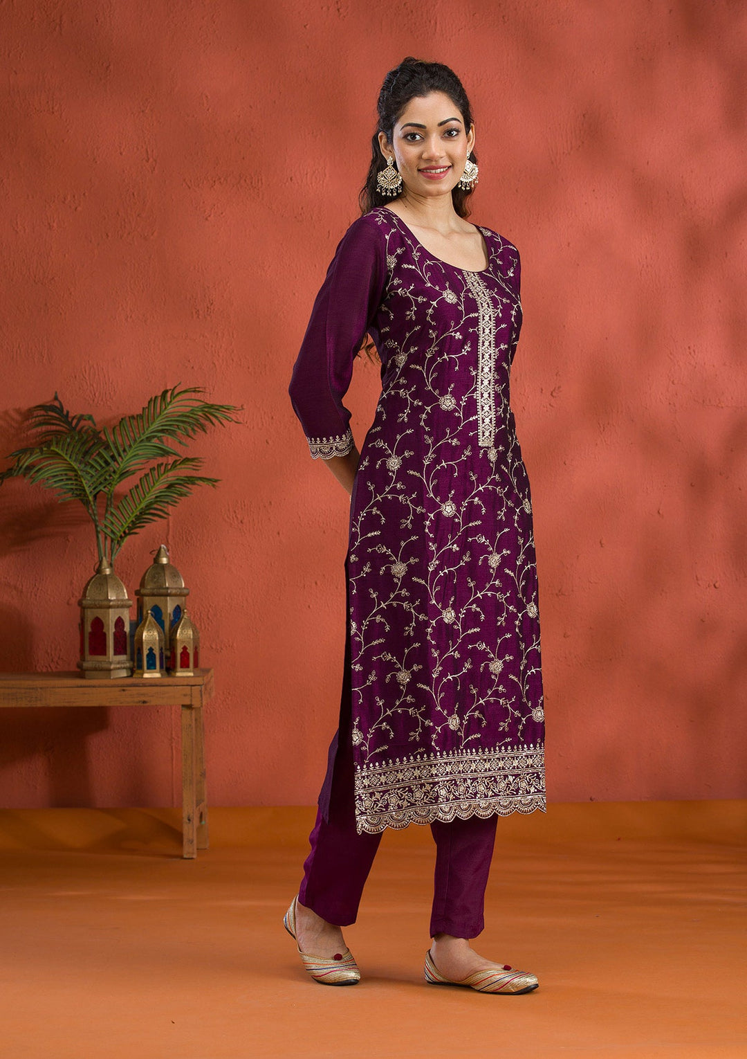 Purple Threadwork Raw Silk Readymade Salwar Suit-Koskii