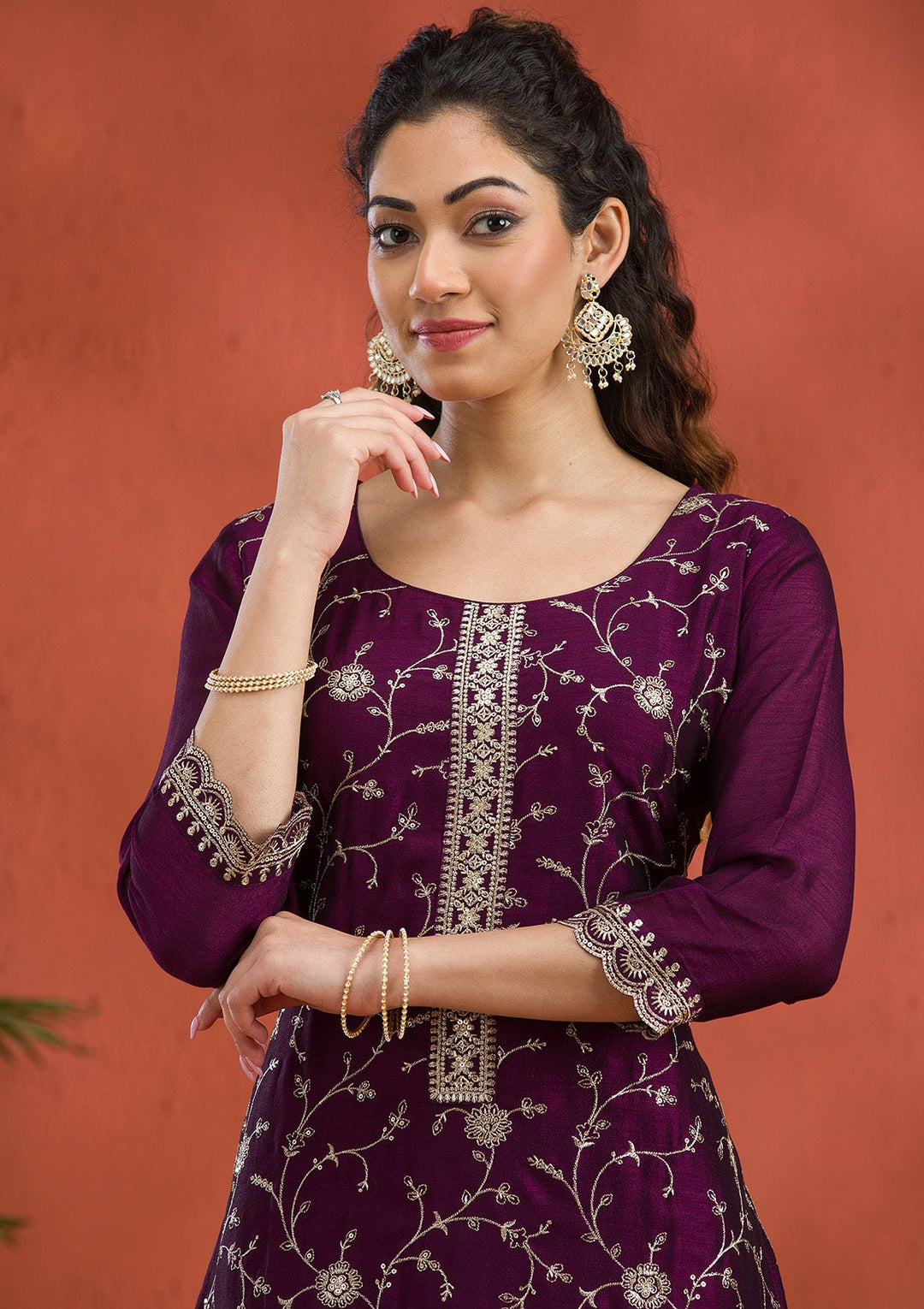 Purple Threadwork Raw Silk Readymade Salwar Suit-Koskii