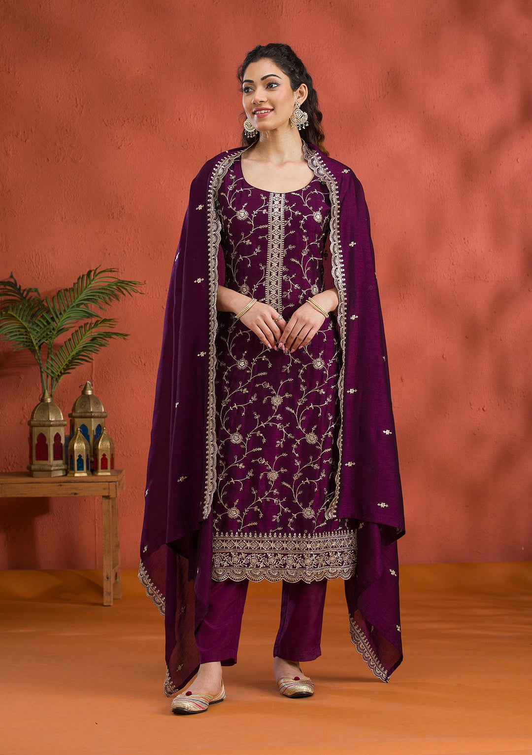 Purple Threadwork Raw Silk Readymade Salwar Suit-Koskii