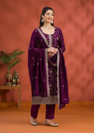 Purple Threadwork Raw Silk Readymade Salwar Suit-Koskii