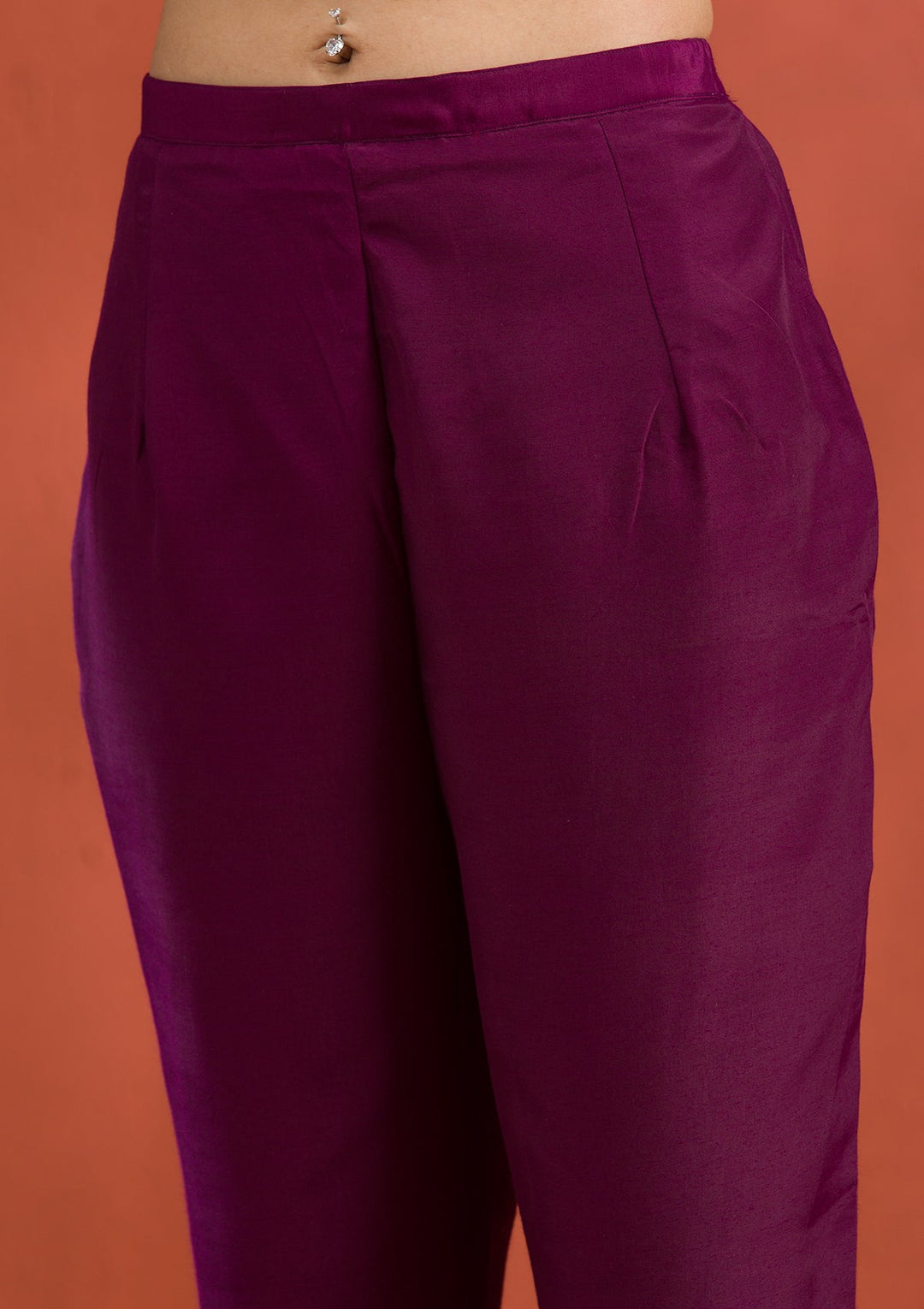Purple Threadwork Raw Silk Readymade Salwar Suit-Koskii