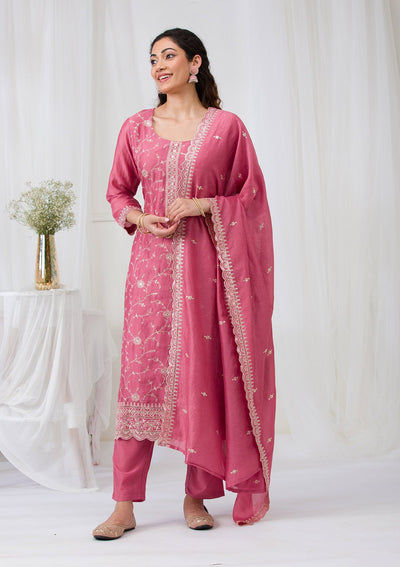 Onion Pink Threadwork Raw Silk Readymade Salwar Suit-Koskii