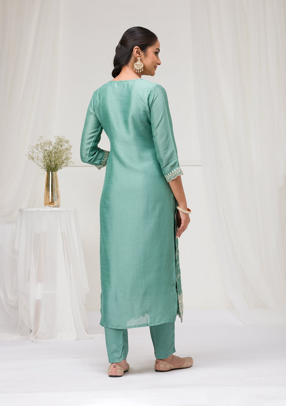 Sea Green Threadwork Raw Silk Readymade Salwar Suit-Koskii