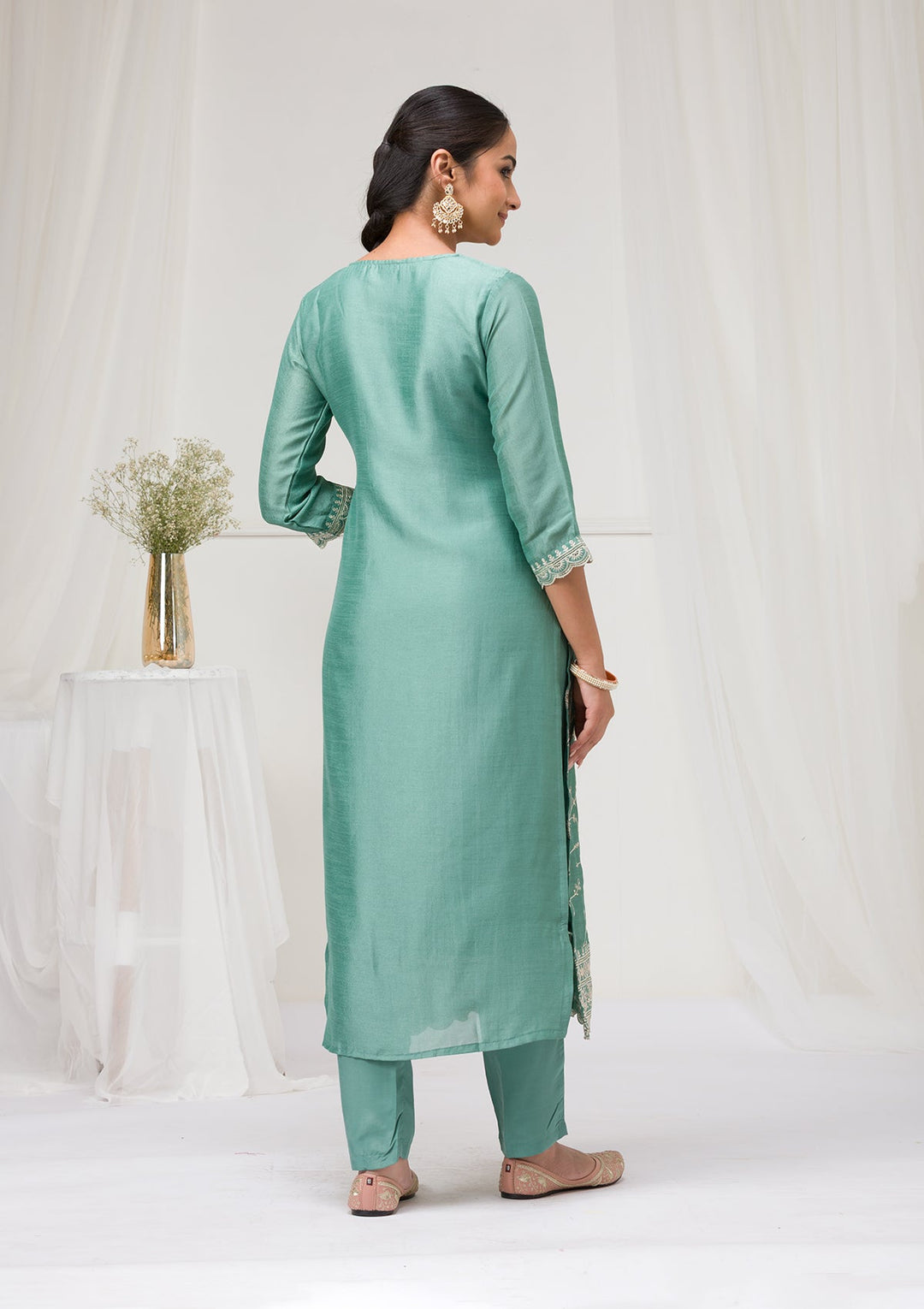 Sea Green Threadwork Raw Silk Readymade Salwar Suit-Koskii