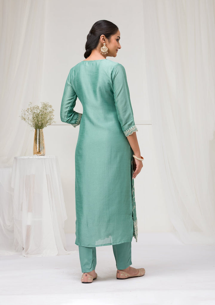 Sea Green Threadwork Raw Silk Readymade Salwar Suit-Koskii