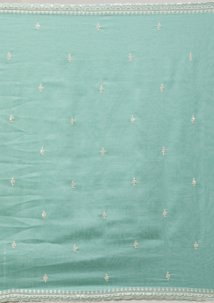 Sea Green Threadwork Raw Silk Readymade Salwar Suit-Koskii