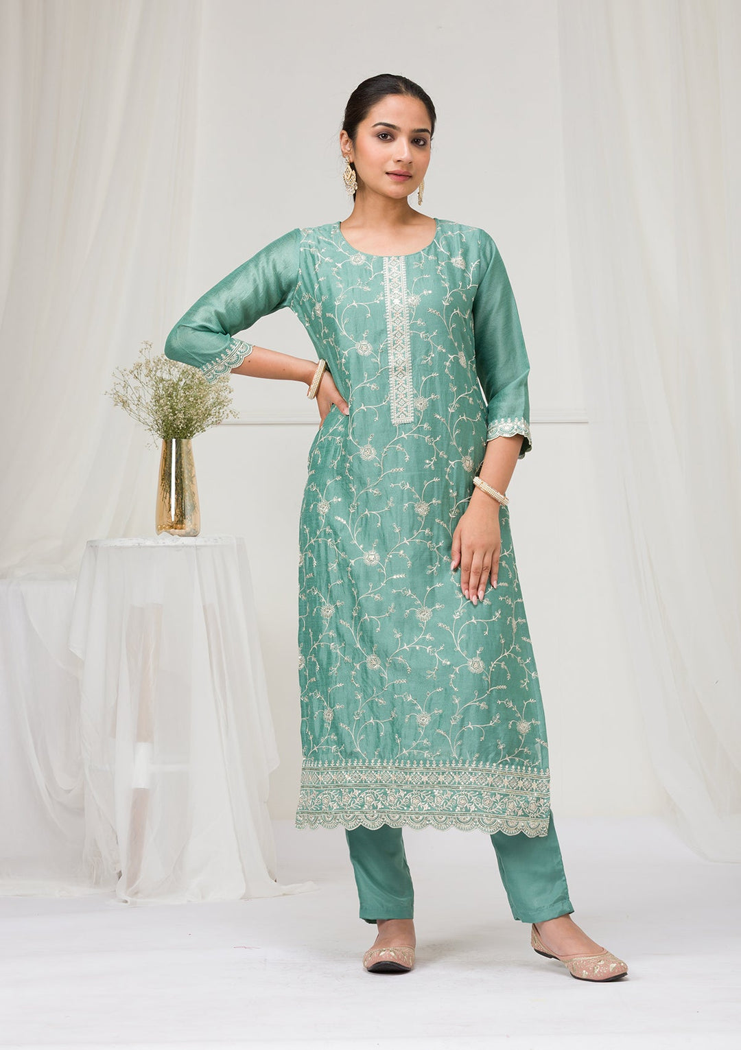 Sea Green Threadwork Raw Silk Readymade Salwar Suit-Koskii