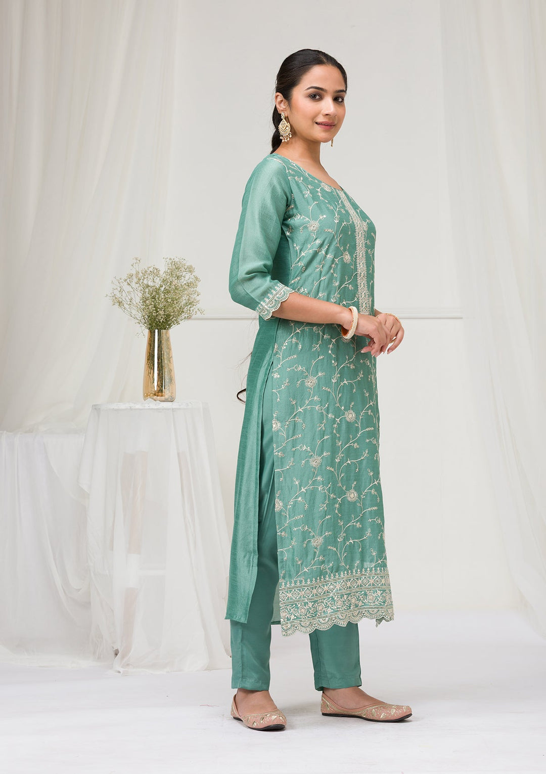 Sea Green Threadwork Raw Silk Readymade Salwar Suit-Koskii