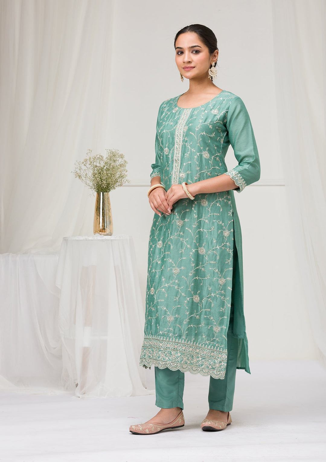 Sea Green Threadwork Raw Silk Readymade Salwar Suit-Koskii