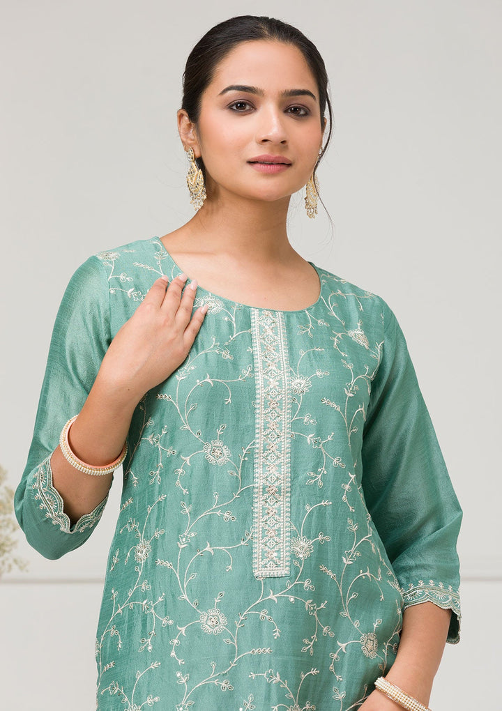 Sea Green Threadwork Raw Silk Readymade Salwar Suit-Koskii