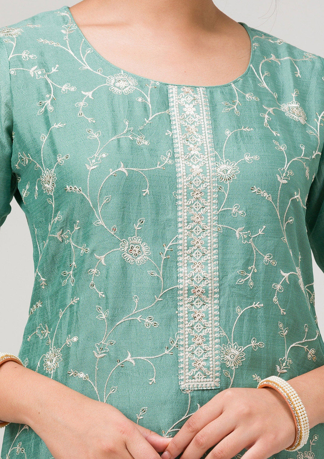 Sea Green Threadwork Raw Silk Readymade Salwar Suit-Koskii