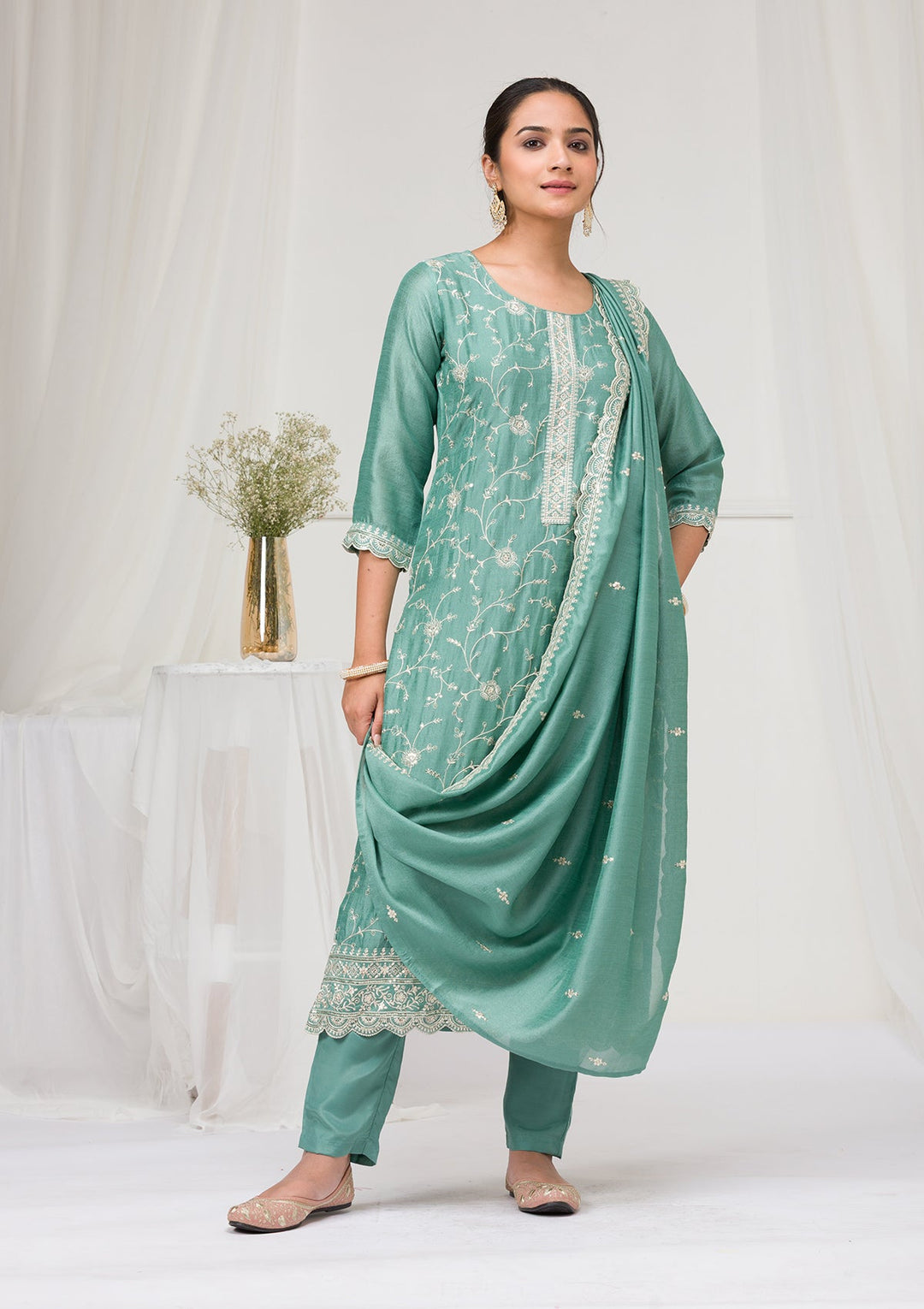 Sea Green Threadwork Raw Silk Readymade Salwar Suit-Koskii