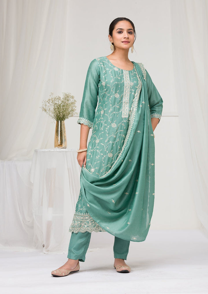 Sea Green Threadwork Raw Silk Readymade Salwar Suit-Koskii